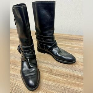 Tod’s Dandy Black Leather Flat Moto Boot Silver Buckled Size 8